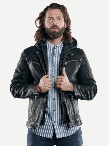 emilio adani Herren Lederjacke mit abnehmbarer Kapuze in Schwarz 28791