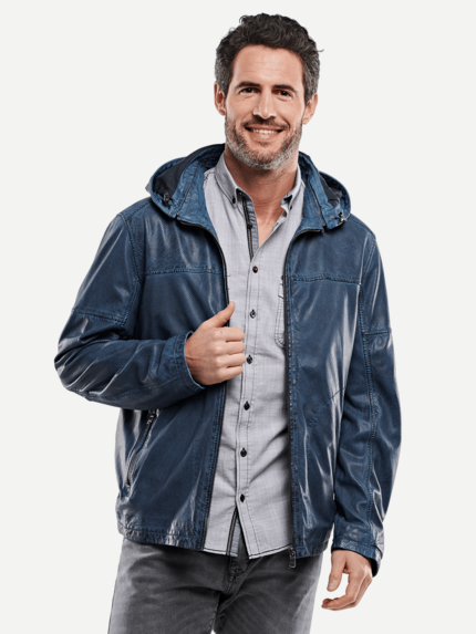 engbers Herren Lederjacke mit Kapuze in Blau 27019