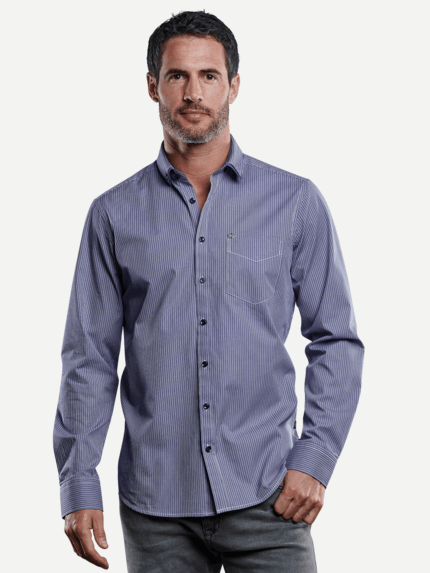engbers Herren Streifenhemd Vollzwirn in Blau 28960
