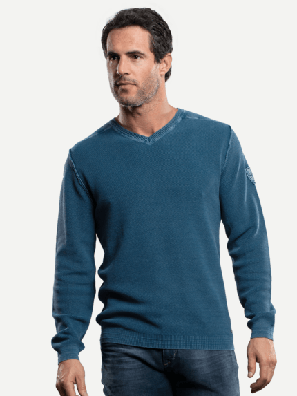 engbers Herren Baumwollpullover mit Rippstruktur in Blau 28950