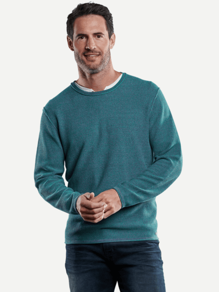 engbers Herren Rundhalspullover mit Rollkanten in Türkis 28924