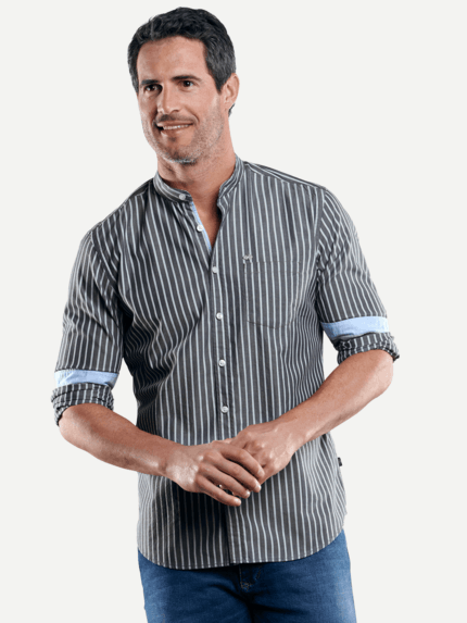 engbers Herren Gestreiftes Stehkragenhemd in Blau 29097