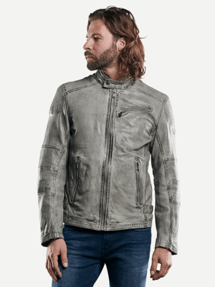 emilio adani Herren Lederjacke mit gebrauchter Warenoberfläche in Grau 29143