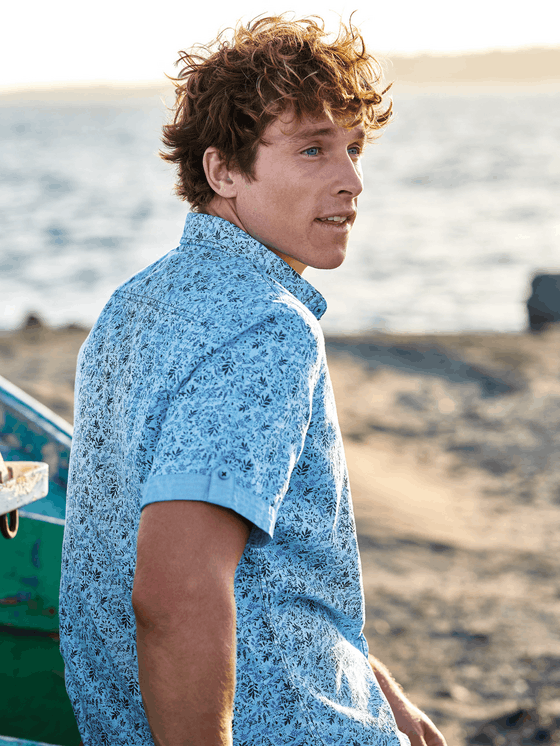 Herren Engbers Leinen Mix Hemd Mit Botanical Print In Wasserblau