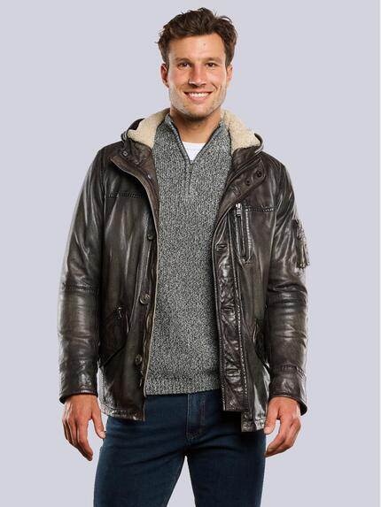 engbers Lederjacke mit Kapuze Oliv