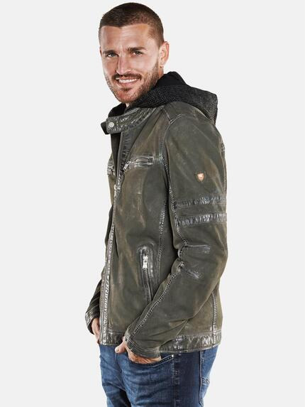 emilio adani Lederjacke mit abnehmbarer Kapuze Oliv