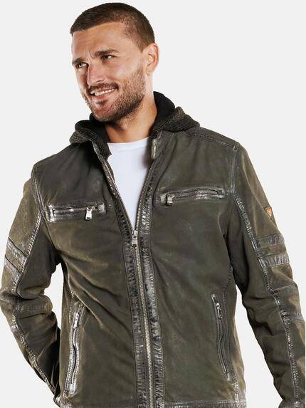 emilio adani Herren Lederjacke mit abnehmbarer Kapuze Grün 33526 emilio adani Herren Lederjacke mit abnehmbarer Kapuze Grün 33526