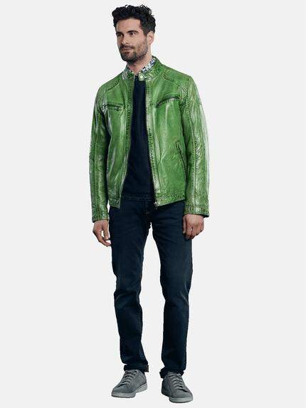 engbers Herren Sportive Lederjacke im Bikerstyle Grasgruen 31035