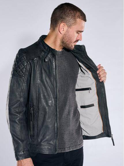 emilio adani Herren Lederjacke mit herausnehmbarer Kapuze Schwarz 40880