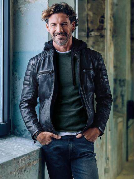 emilio adani Herren Lederjacke mit Kapuze Schwarz 39884