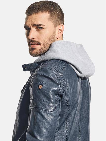 emilio adani Herren Sportive Lederjacke mit Sweatkapuze Blau 31061 emilio adani Herren Sportive Lederjacke mit Sweatkapuze Blau 31061