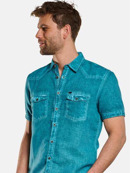 engbers Herren Kurzarm-Hemd mit Leinen-Anteil Blautuerkis 33006