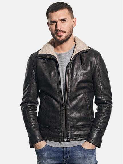 emilio adani Lederjacke mit gebrauchter Oberfläche Schwarz