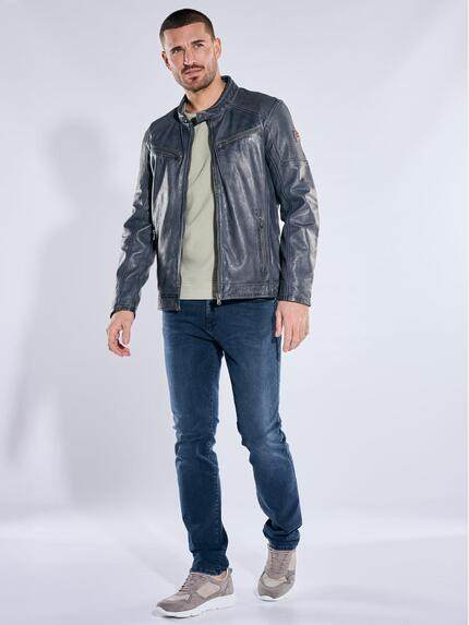 emilio adani Herren Lederjacke in Bikeroptik Mittelblau 40003