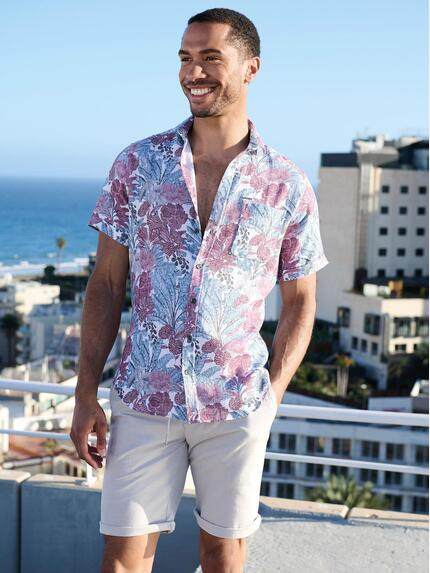 emilio adani Herren Kurzarmhemd mit Botanical Muster Rosa 40701