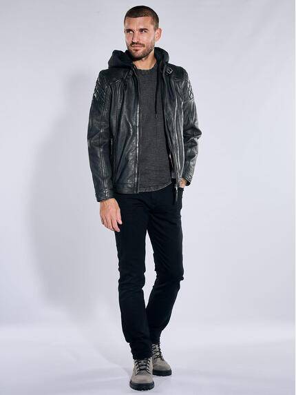 emilio adani Herren Lederjacke mit herausnehmbarer Kapuze Schwarz 40880
