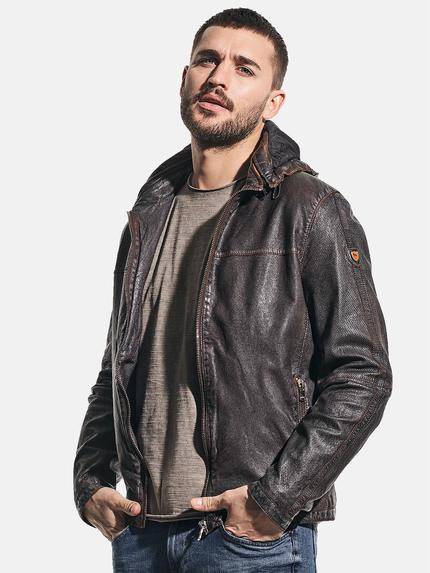 emilio adani Derbe Lederjacke mit abnehmbarer Kapuze Dunkelbraun