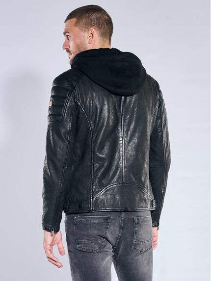 emilio adani Herren Lederjacke mit Kapuze Schwarz 39884