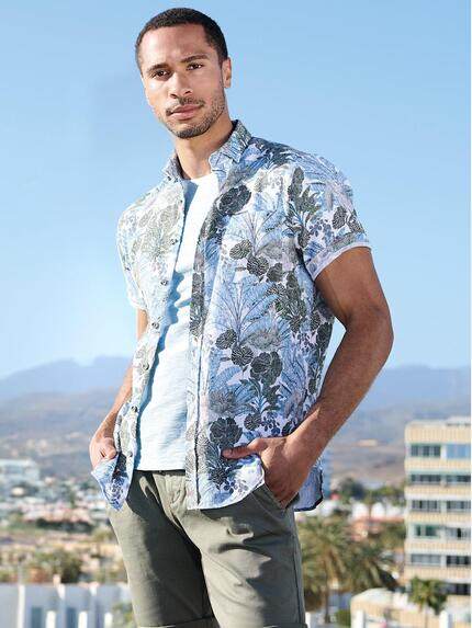 emilio adani Herren Kurzarmhemd aus Baumwolle mit botanischem Print Khaki 40700