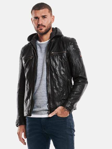 emilio adani Lederjacke mit abnehmbarer Kapuze Schwarz