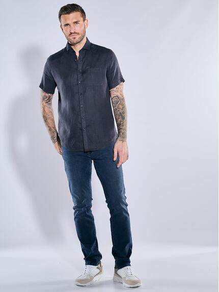 emilio adani Herren Kurzarm-Hemd aus Leinen Blau 38594