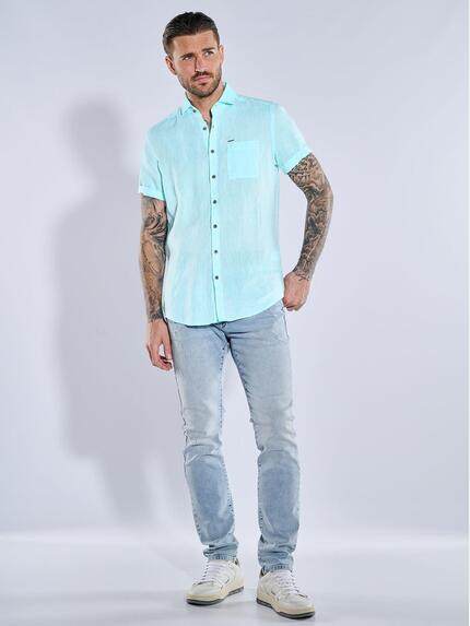 emilio adani Herren Kurzarm-Hemd aus Leinen Türkis 38591