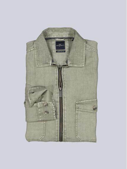 engbers Herren Leinen Overshirt mit Zipper Oliv 39986