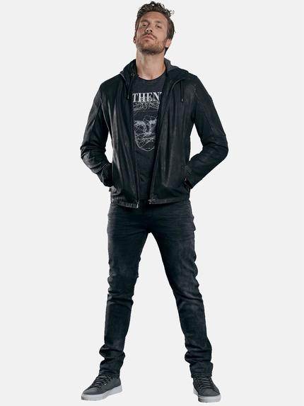 emilio adani Herren leichte Lederjacke mit Kapuze Schwarz 29998 emilio adani Herren leichte Lederjacke mit Kapuze Schwarz 29998