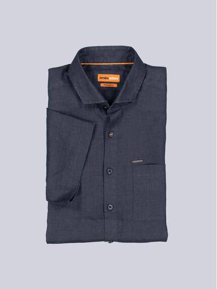 emilio adani Herren Kurzarm-Hemd aus Leinen Blau 38594