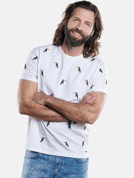 emilio adani Bio-Baumwoll-T-Shirt mit besonderer Tukan Stickerei Reinweiss