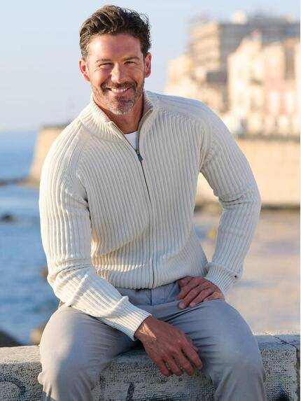 emilio adani Herren Strickjacke mit Rippstruktur Creme 39177