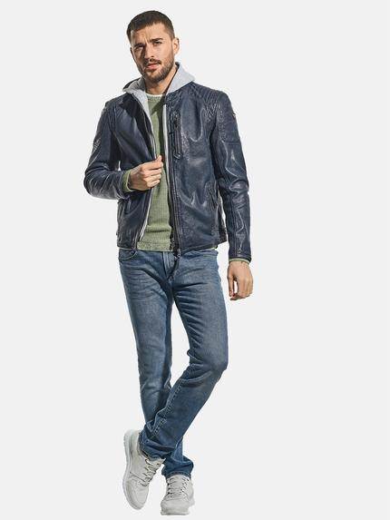 emilio adani Herren Sportive Lederjacke mit Sweatkapuze Blau 31061 emilio adani Herren Sportive Lederjacke mit Sweatkapuze Blau 31061