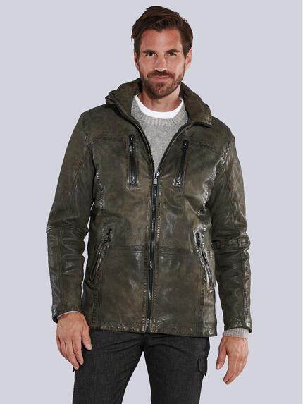 engbers Lederjacke mit abnehmbarer Kapuze. Oliv