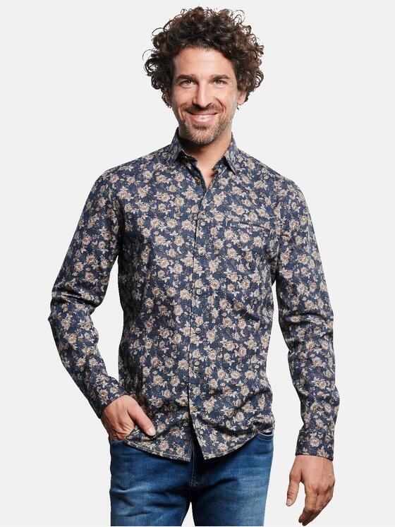 engbers Herren Langarm-Hemd mit All-Over-Print Braunbeige 32468