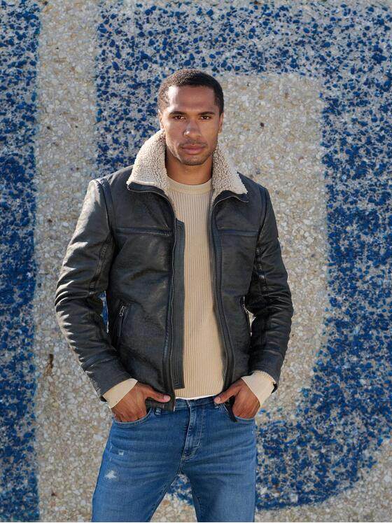 emilio adani Herren Lederjacke mit Umlegekragen Grau 39276