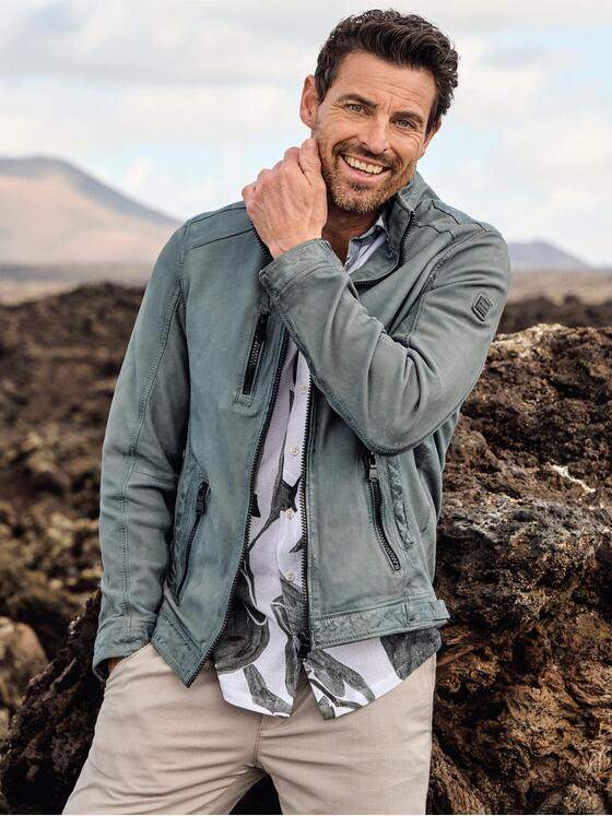 engbers Herren Lederjacke mit langem Stehkragen Hellblau 40224