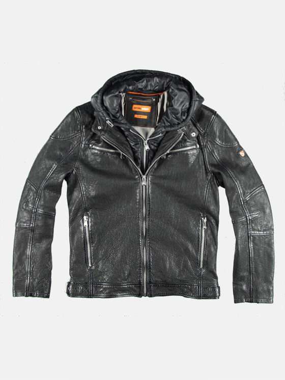 emilio adani Herren Lederjacke mit abnehmbarer Kapuze Schwarz 28791