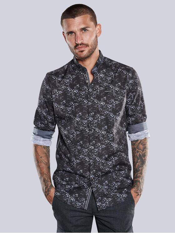 emilio adani Herren Langarm-Hemd mit digitalem All-Over-Print Schwarz 33337