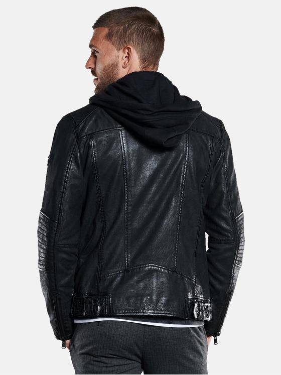 emilio adani Herren Lederjacke mit abnehmbarer Kapuze Schwarz 33304