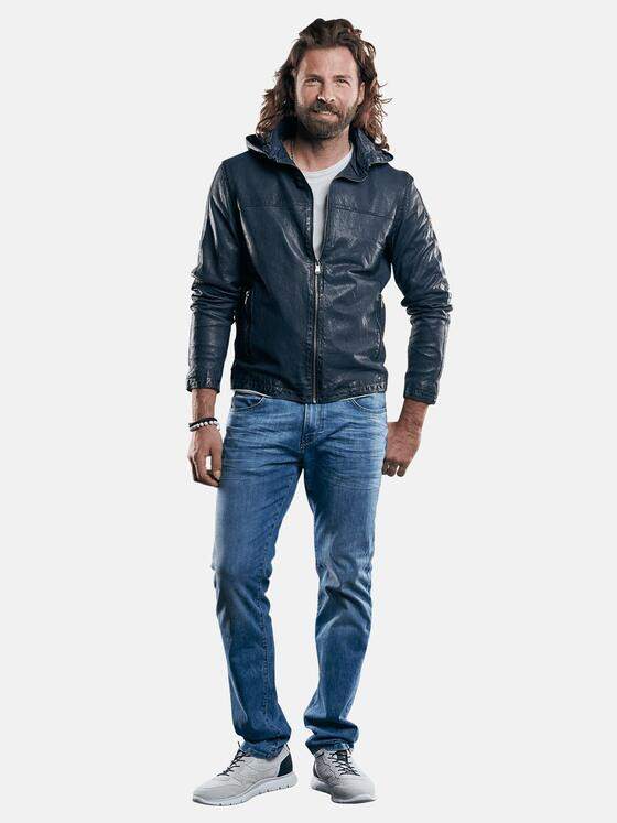 emilio adani Herren perforierte Lederjacke mit abnehmbarer Kapuze Blau 29146