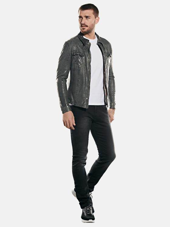 emilio adani Herren Lederhemd im used-Look Grau 31763