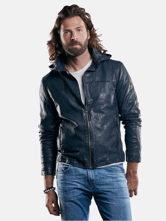 emilio adani Herren perforierte Lederjacke mit abnehmbarer Kapuze Blau 29146