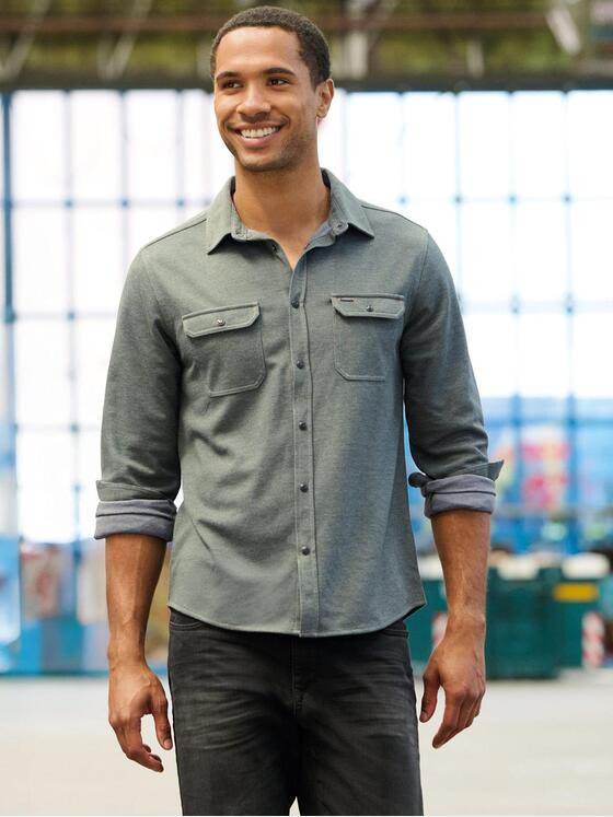 emilio adani Herren Langarm-Shirt mit Polokragen Gruen 39579