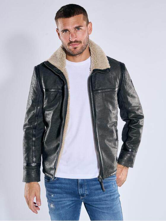 emilio adani Herren Lederjacke mit Umlegekragen Grau 39276