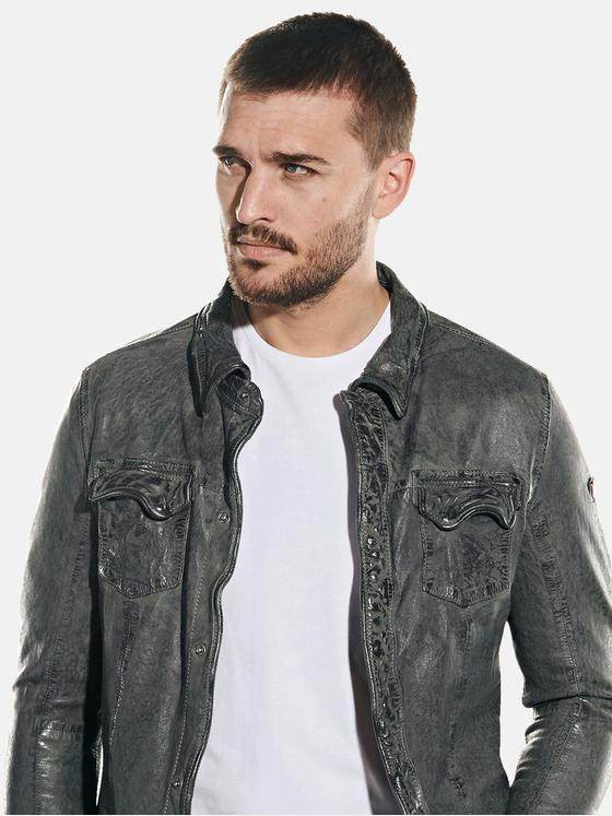 emilio adani Herren Lederhemd im used-Look Grau 31763