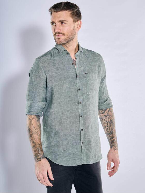 emilio adani Herren Langarm-Hemd aus Leinen Dunkelgruen 38558