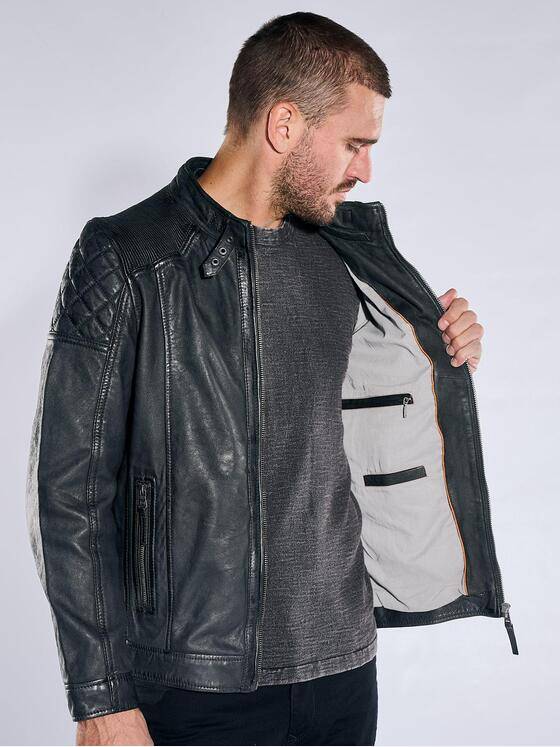 emilio adani Herren Lederjacke mit herausnehmbarer Kapuze Schwarz 40880