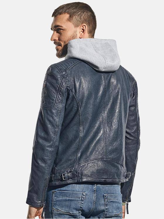 emilio adani Herren Sportive Lederjacke mit Sweatkapuze Blau 31061