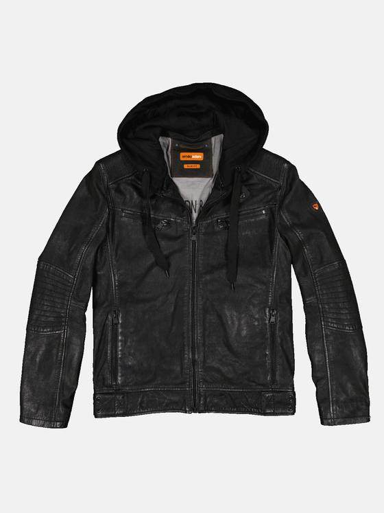 emilio adani Herren Lederjacke mit abnehmbarer Kapuze Schwarz 33304