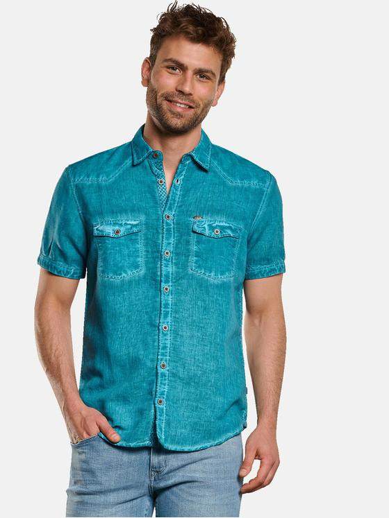 engbers Herren Kurzarm-Hemd mit Leinen-Anteil Blautuerkis 33006